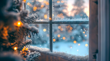 Wall Mural - A Christmas window view, with lights and snow