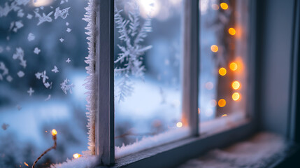 Wall Mural - A Christmas window view, with lights and snow