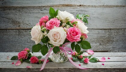 Wall Mural - bouquet of roses on wooden background 