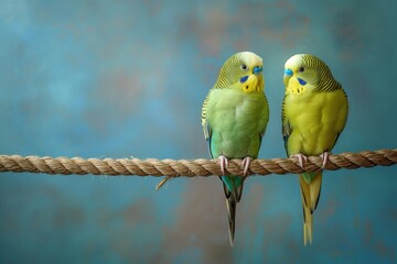Wall Mural - A photo of two budgerigar parakeets perched on a branch isolated against a blurred background. The birds are the focal point of attention, creating a visually appealing and eye-catching composition.