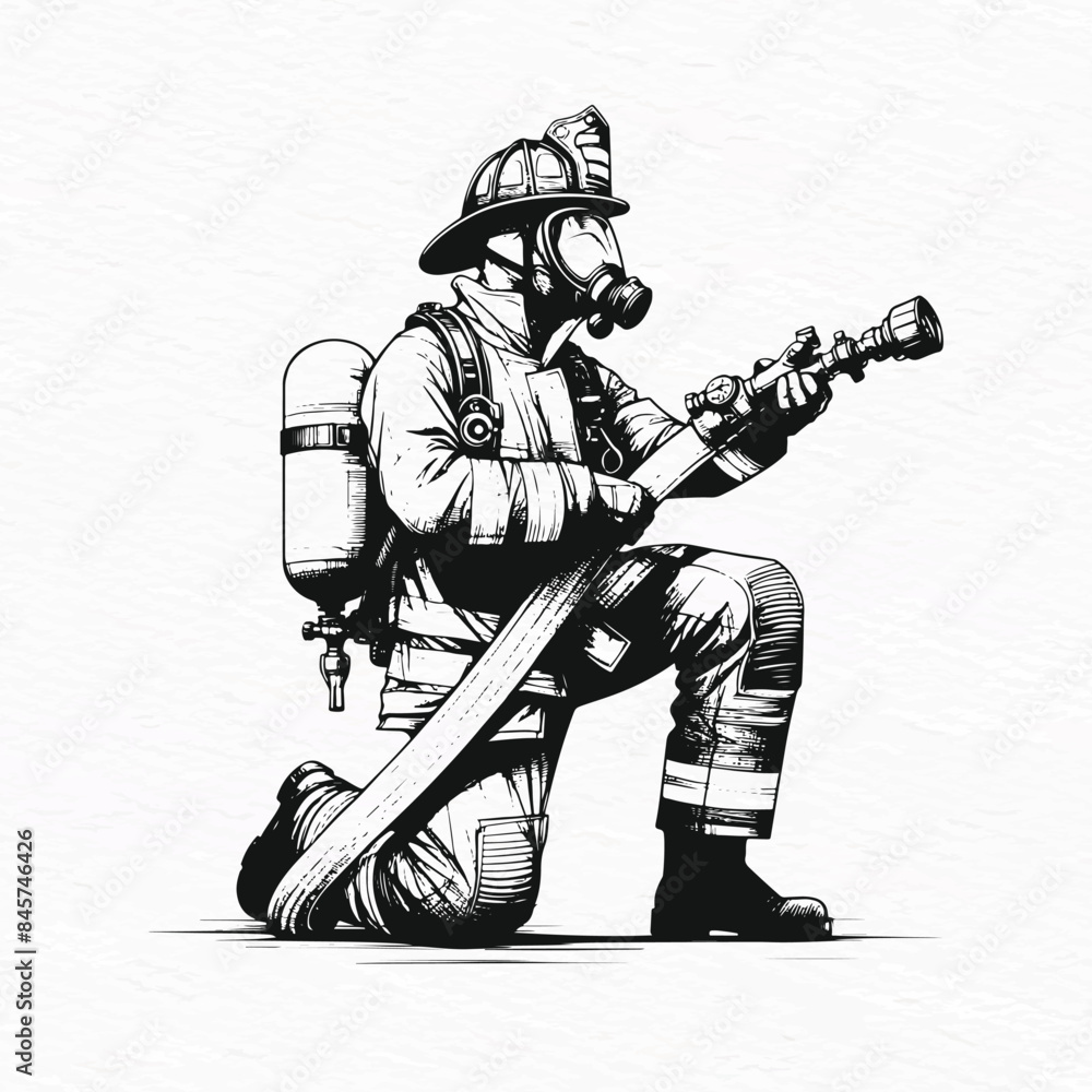 Firefighter Kneeling with Hose Silhouette Vector Art Stock Vector ...