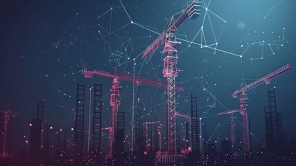 Wall Mural - A construction site adorned with lots of tower cranes is depicted in a low poly wireframe digital vector illustration featuring polygons lines particles and connected dots designed as a