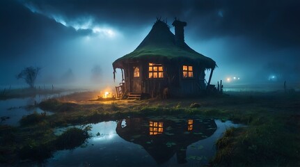 Wall Mural - A witch and wizard's hut in the middle of an abandoned pond and a scary atmosphere, thick fog on the pond, at night