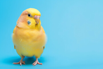 Wall Mural - A studio photo of a yellow budgerigar perched on a branch isolated against a blue background. The bird is the focal point of attention, creating a visually appealing and eye-catching composition.