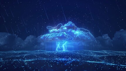 Wall Mural - Depicting a futuristic heavy storm concept glowing polygonal clouds lightning and rain showers stand out against a dark blue background in a modern wireframe mesh design vector