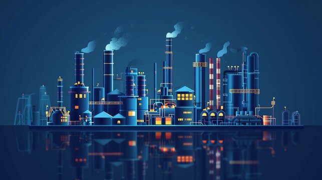 Depicting the heavy industry concept an industrial plant manufacturing building and factory are portrayed against a dark blue backdrop