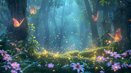 Wall Mural - A magical forest with butterflies