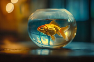 A photo of a goldfish in a fishbowl, with cinematic lighting and a bokeh background.