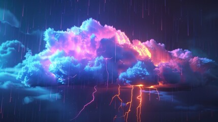 Illustrating a futuristic thunderstorm weather and meteorology concept glowing clouds rain showers and lightning are depicted
