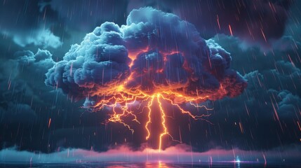 Illustrating a futuristic thunderstorm weather and meteorology concept glowing clouds rain showers and lightning are depicted