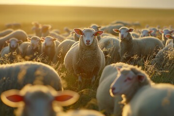 A flock of sheep, white with short wool and pink ears, looking at the camera in a picturesque springtime countryside landscape bathed in sunlight.