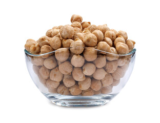 Wall Mural - Glass bowl full of chickpeas isolated on white background.