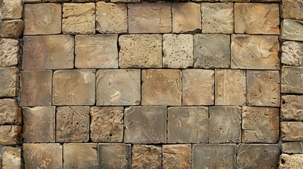 Poster - Close-up of a rustic stone wall with detailed textures and weathered stones. Ideal for backgrounds or design projects needing a vintage, rugged look.