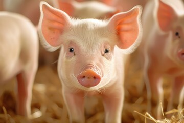 Wall Mural - Close-up photo of cute piglets in a barn, focusing on their expressive eyes and soft pink skin. The background is blurred to highlight the adorable young pigs.