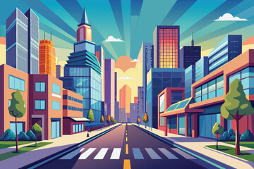 A cartoon illustration of a cityscape featuring tall buildings, a crosswalk, and a sunset in the background. The vibrant colors and geometric shapes create a dynamic and modern aesthetic.