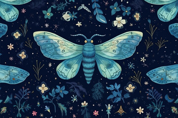 Magic blue seamless pattern with moths. Boho magic background with space elements stars. Vector doodle texture.