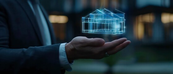 Businessman showcases a digital luxury house hologram, representing upscale real estate ventures