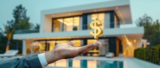 businessman's open hand with a golden money symbol floating over it and a modern luxury house in the background