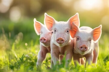 Wall Mural - Close-up photo of cute piglets outside in a field, focusing on their expressive eyes and soft pink skin. The background is blurred to highlight the adorable young pigs. 