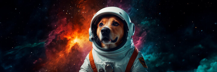 Wall Mural - Dog in a spacesuit Colorful space galaxy cloud nebula, cosmos background wallpaper