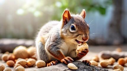 closeup cute little squirrel eat peanut