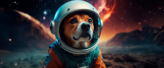 Wall Mural - Dog in a spacesuit Colorful space galaxy cloud nebula, cosmos background wallpaper