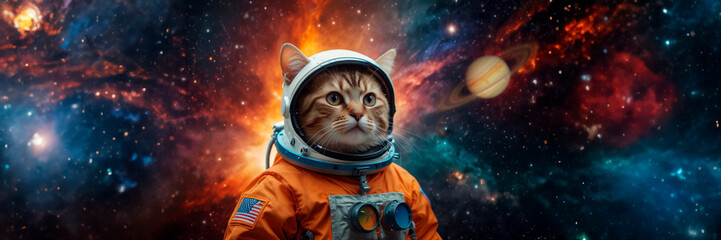 Wall Mural - Cat in a spacesuit Colorful space galaxy cloud nebula, cosmos background wallpaper