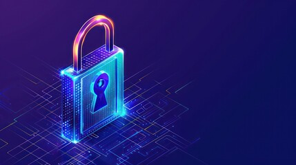 Wall Mural - a digital padlock symbolizing cybersecurity on a neon circuit board background