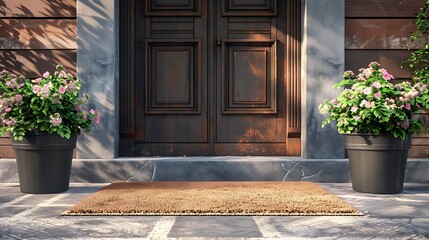 A chic coir doormat featuring a stylish typography message placed elegantly in front of a metallic entrance door