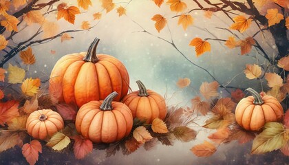 Wall Mural - pumpkins and autumn leaves