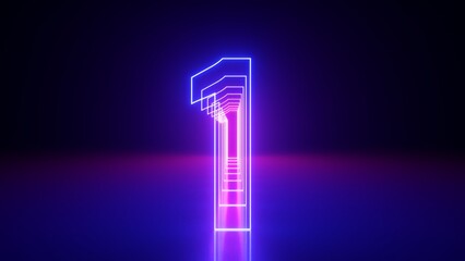 Sticker - 3d render, linear symbol, neon number one glowing in the dark with ultraviolet light, pink blue grad