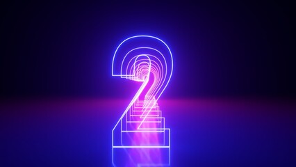 Wall Mural - 3d render, linear symbol, neon number two glowing in the dark with ultraviolet light, pink blue grad