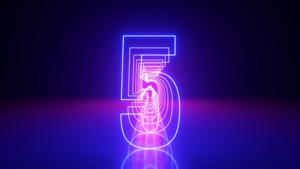 Sticker - 3d render, linear symbol, neon number five glowing in the dark with ultraviolet light, pink blue gra