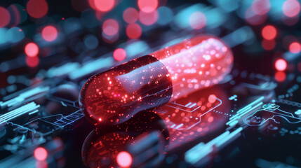 Wall Mural - A pill is shown on a computer screen with a red background