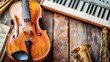 © Matthew - A violin with a bow, tenor saxophone, and electronic keyboard arranged on a rustic wooden backdrop, with a blurred effect for an artistic feel