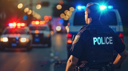 A police officer with back to the camera stands alert in the street, with patrol cars and their flashing lights in the background