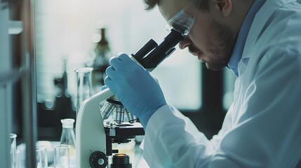 Wall Mural - scientist observing samples through a microscope in a modern laboratory setting.