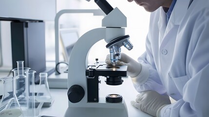 Wall Mural - scientist in a lab coat analyzing samples under a microscope in a modern laboratory setting.