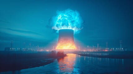 A nuclear power plant with a large blue flame coming out of it, AI