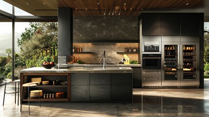 Luxurious minimalist culinary kitchen with modern appliances and stylish island centerpiece