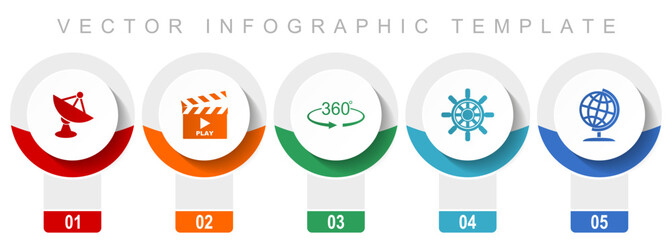 Aufkleber - Communication icon set, miscellaneous vector icons such as satellite antenna, cinema, 360 degree, ship wheel and globe, modern design infographic template, web buttons in 5 color options