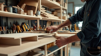 Wall Mural - An experienced artisan carefully shapes wooden elements, demonstrating the art of fine woodworking in his cluttered workshop. AIG41