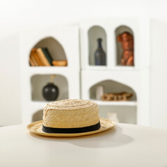 Poster - White table background with summer hat and home interior in Greece. 