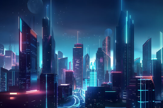 beautiful neon night in a cyberpunk city. illustration of the futuristic city skyscraper. generative