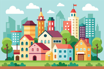 A colorful illustration of a city with modern buildings and green trees. The buildings are all different shapes and sizes, and they are arranged in a random order.