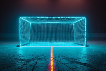 Futuristic glowing soccer goal with vibrant neon lights on a dark background. Sci-fi style design perfect for modern sports promotion and advertisements. Conceptual art illustration. Generative AI