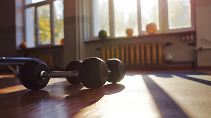 Metal small dumbbells for fitness lying on the floor against the background of a school or university gym or a small private gym. Copy space.