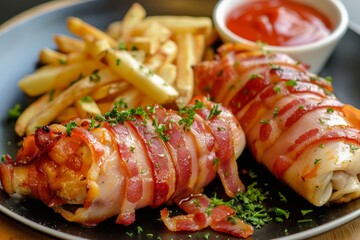 Wall Mural - Chicken wrapped in bacon with fries and sauce