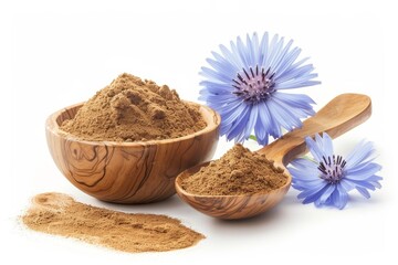 Poster - Chicory powder and flowers in wooden bowl and spoon on white background