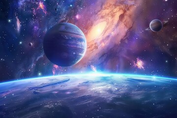 Wall Mural - breathtaking space exploration scene with distant planets nebulae and galaxies digital painting